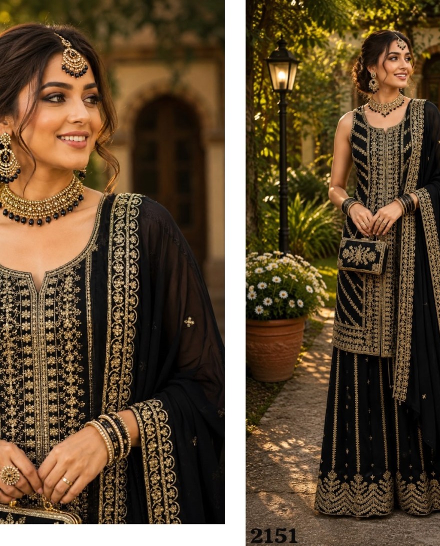 BLACK - Embroidered and Sequins Work Georgette Salwar Suit In Black Colour